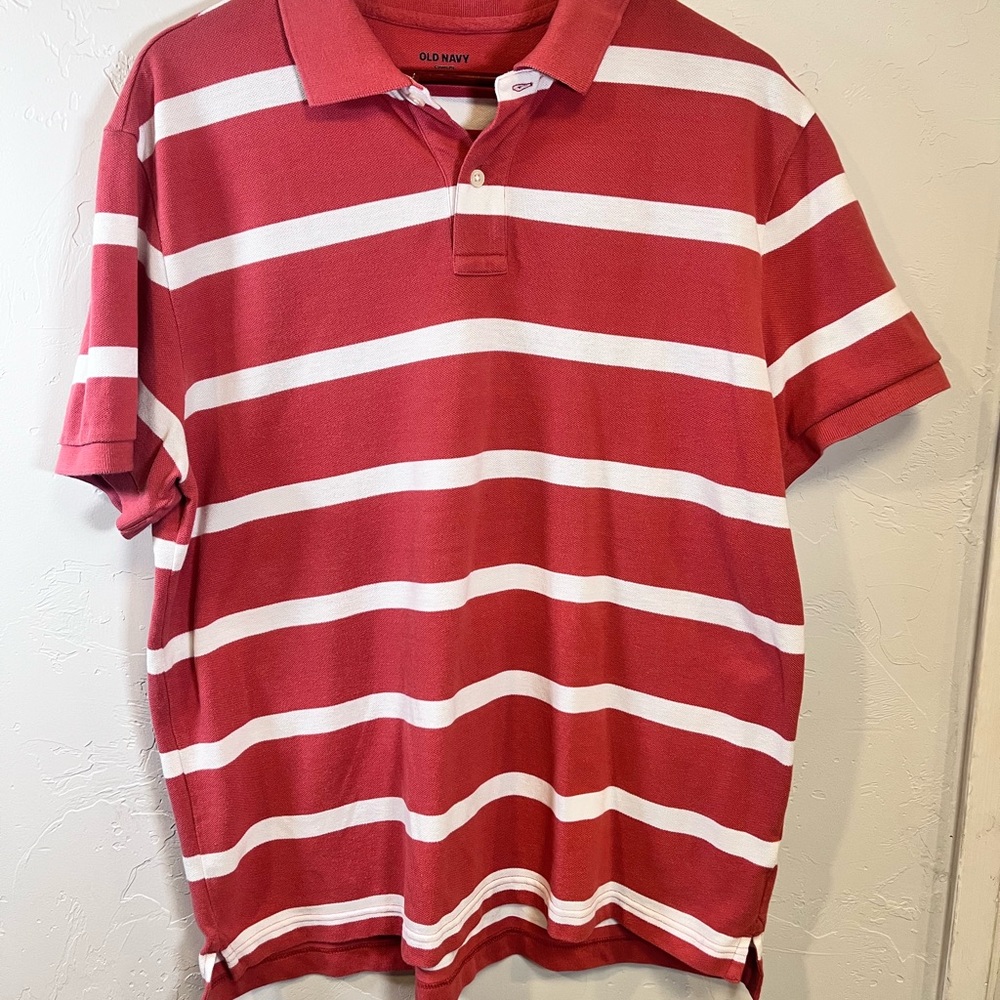 Old Navy Red/Pink and White Striped Polo Shirt XL